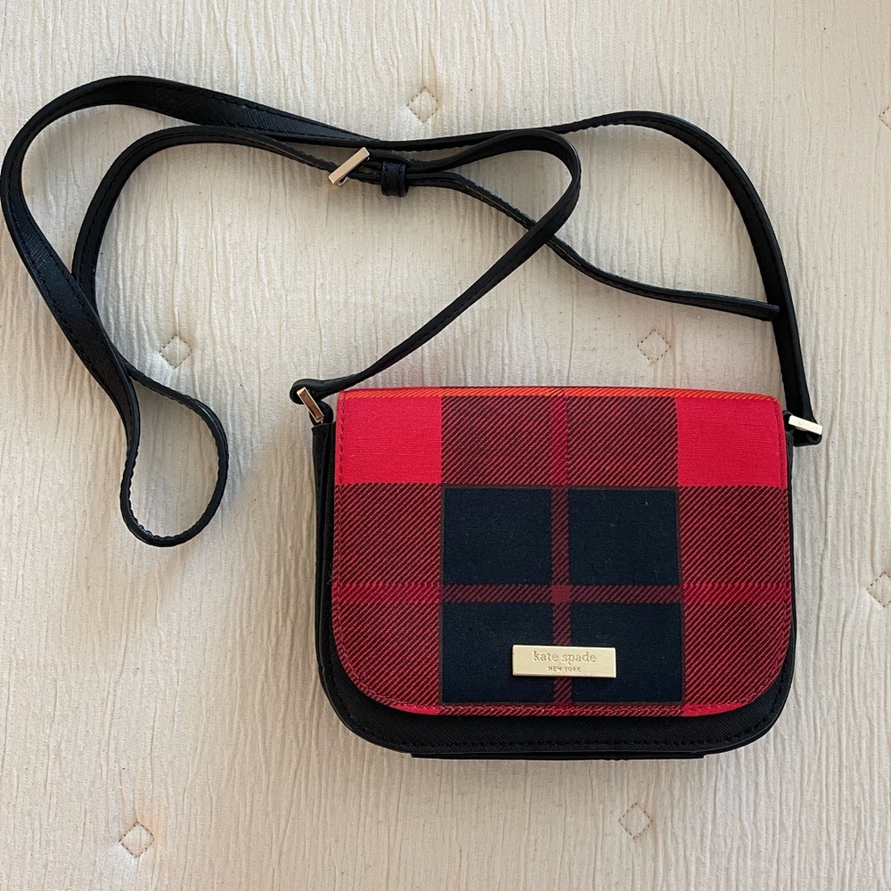 kate spade Red and Black Plaid Mini Crossbody with Gold Hardware